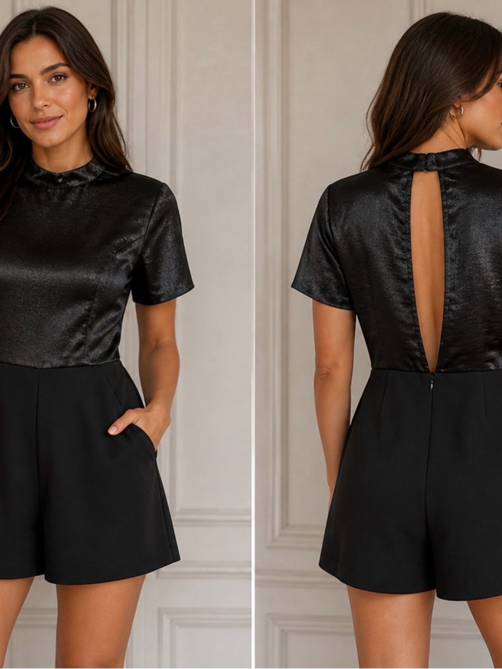 BCBGeneration Black Short Romper with Satin Bodice